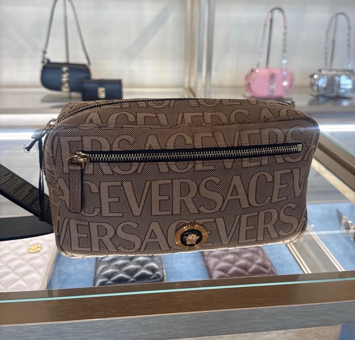 Versace Belt Bag Canvas Fabric Allover Beige/brown $1200 Retail Authentic