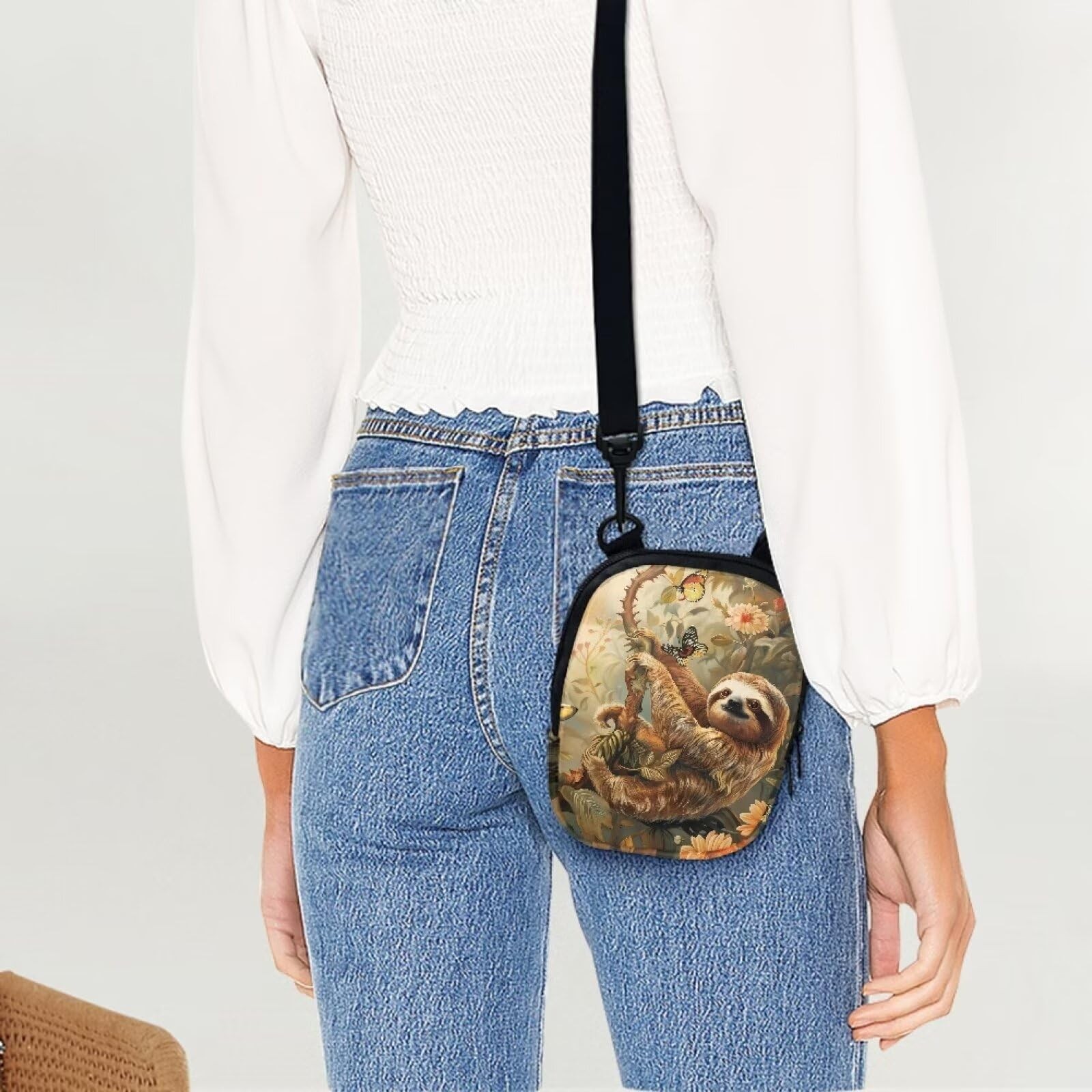 Sloth Butterfly Flower Print Small Messenger Bag Casual Shoulder Bag Crossbod…