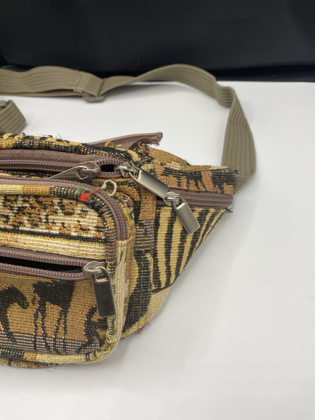 Vintage African Theme Canvas Zip Fanny Pack Elephant/Monkey/Wildebeest