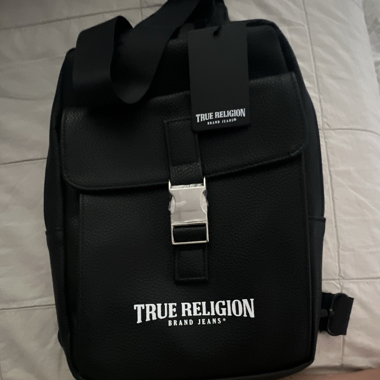 True Religion Men’s Black Crossbody Sling Bag Buckle Closure Adjustable Strap