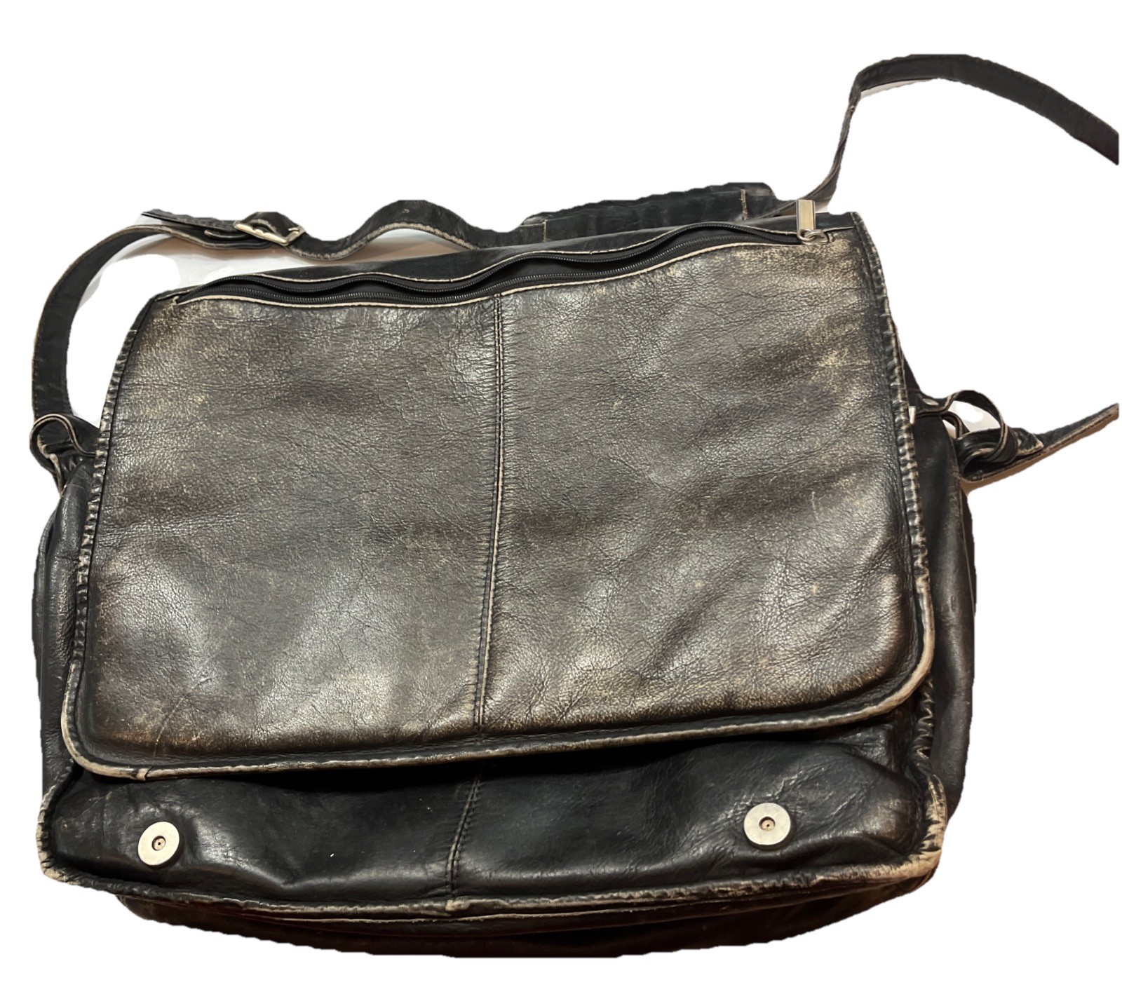 Wilsons Leather BLACK Messenger Flap BAG Distressed Grunge office School Retro