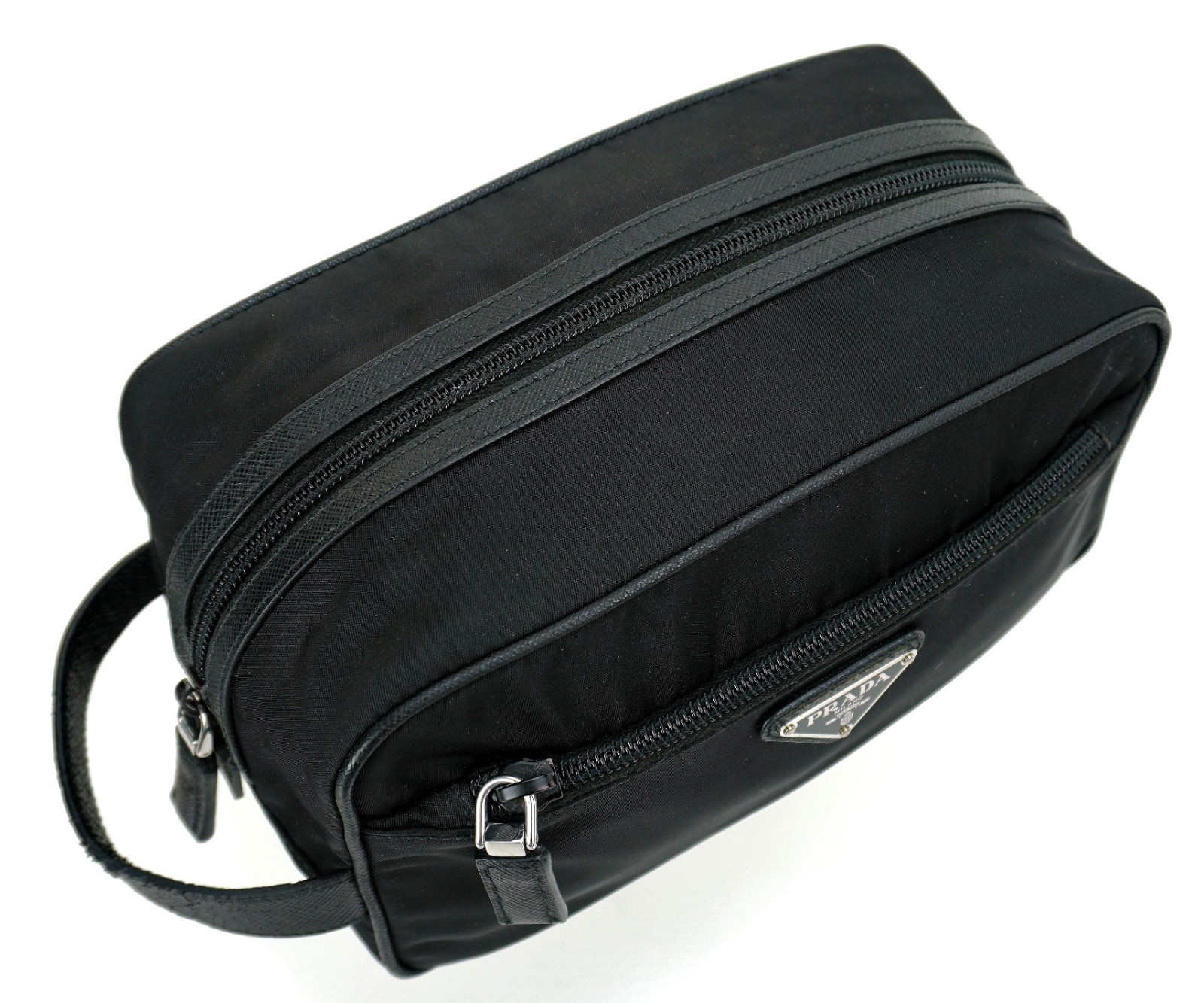 PRADA Black Tessuto Nylon Leather Travel Toiletry Dopp Clutch Bag Italy Unisex