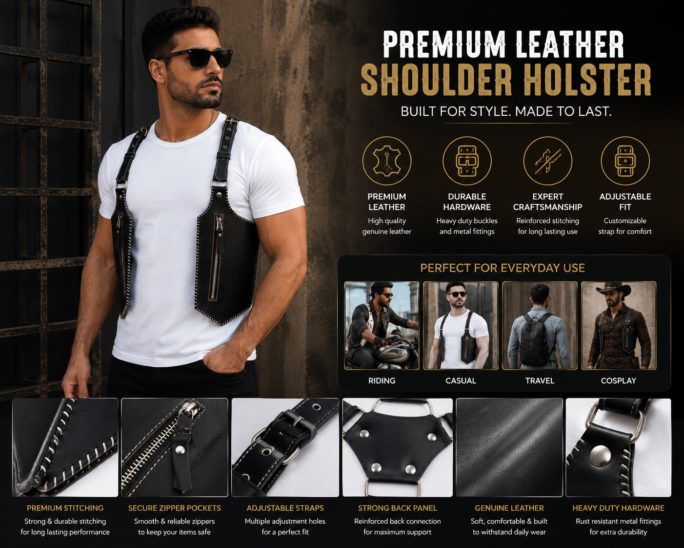 Genuine Leather Chest Harness Bag Adjustable Crossbody Utility Festival Vest