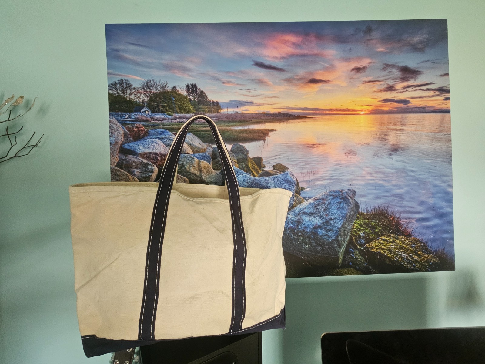 Vintage L.L.Bean Boat and Tote Canvas Bag Navy Blue Trim Large 18x10x12.625