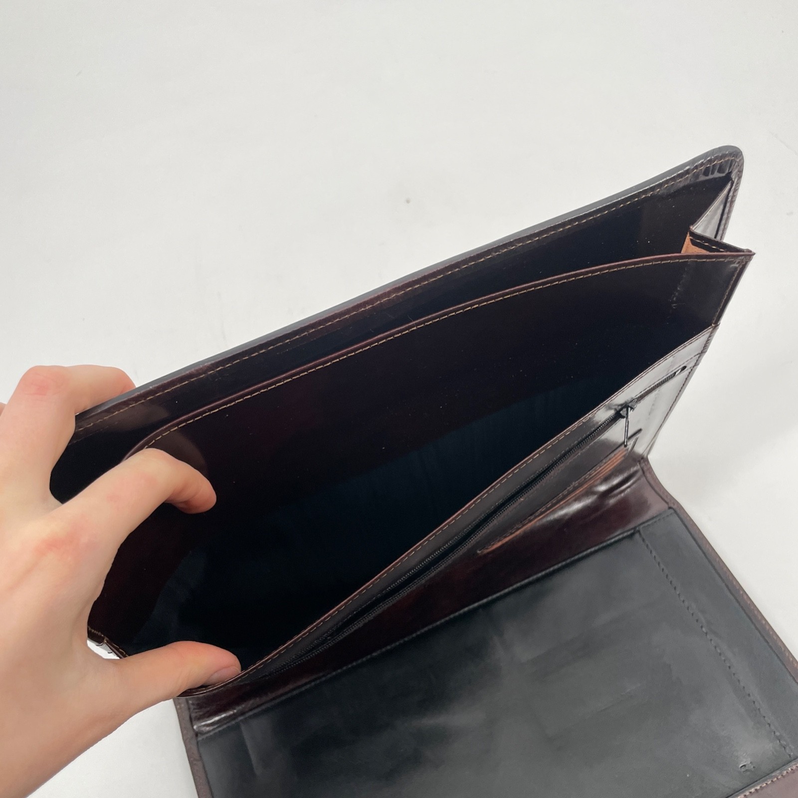 Bosca Dark Brown Leather Briefcase bag hand stained hide lock USA portfolio key