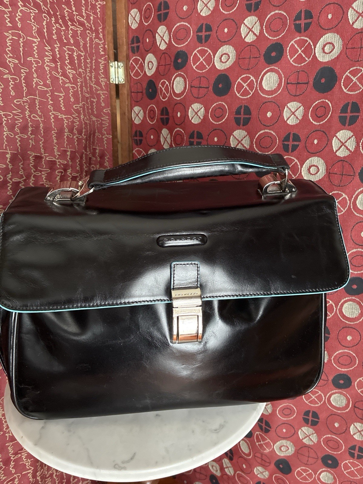 Piquadro Blue Square Expandable Leather Briefcase 14x10x5 Black Luggage Sleeve