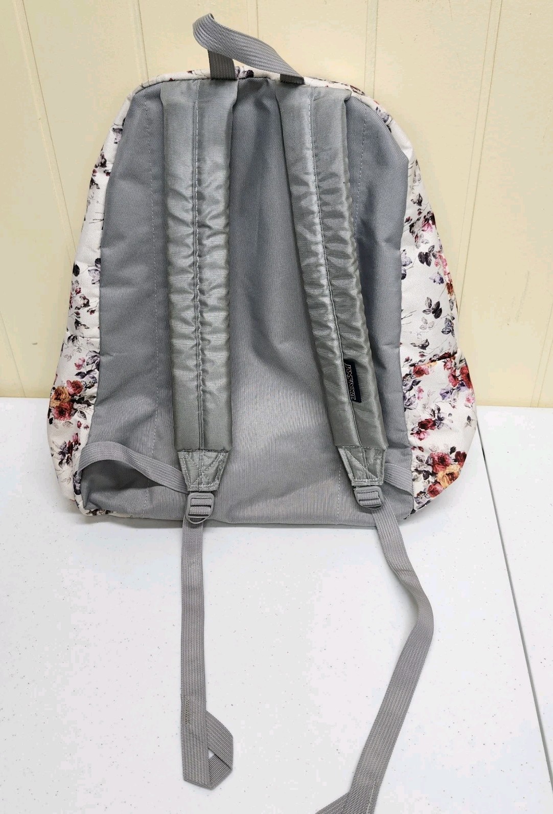 Jansport Backpack, Floral Superbreak White With Multicolor Flowers Front Pocket