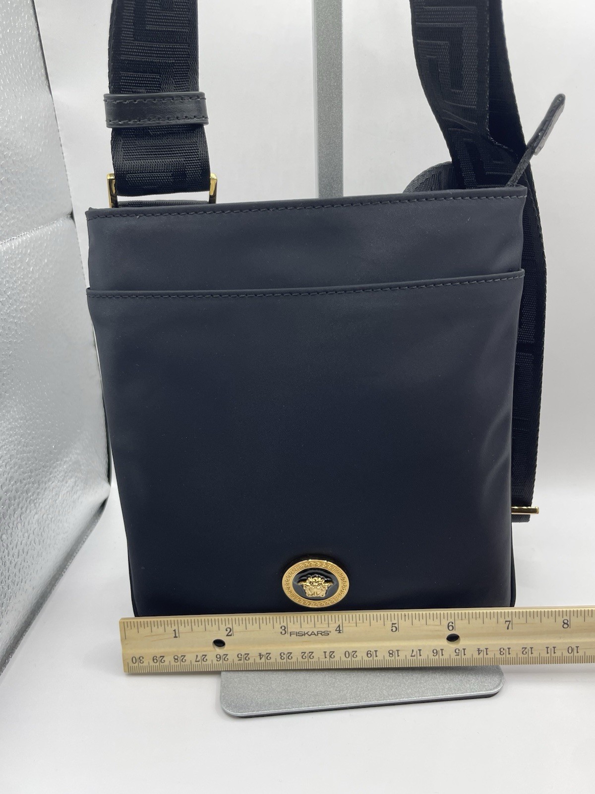 VERSACE Flat Crossbody Bag Fabric Calf Leather Black $850 Retail