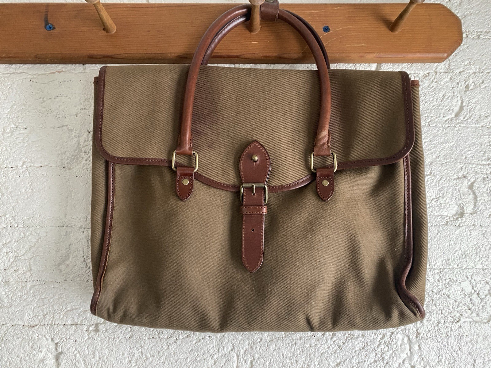 Polo Ralph Lauren Army Green Canvas Leather Briefcase Laptop Bag Double Handle