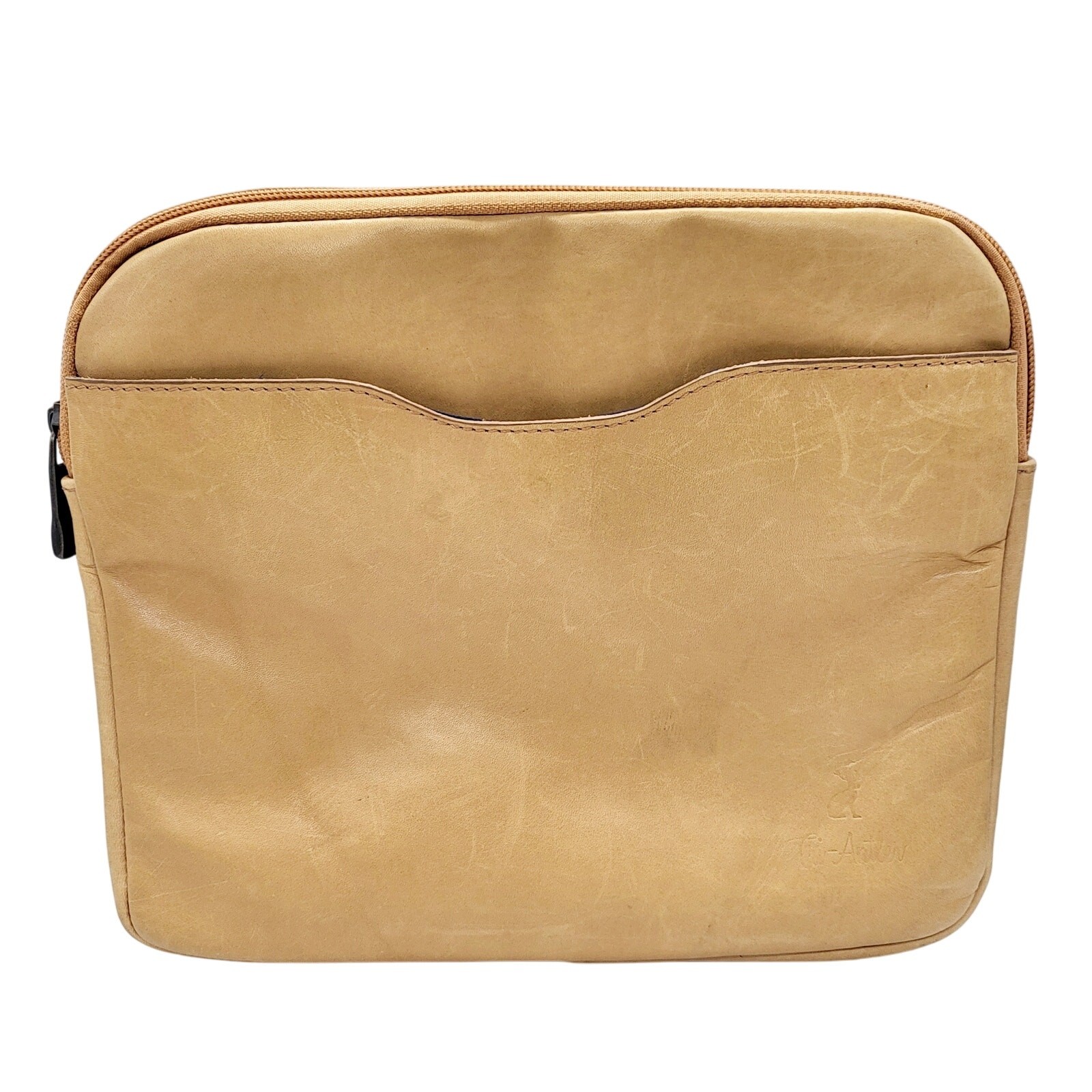 Tri-Antler Tan Leather Padded Lined Multi-use Pouch Tablet Travel Zip Closure