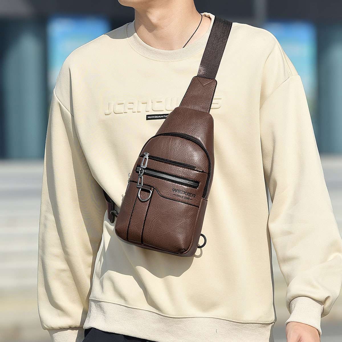 Men Leather Chest Bag Crossbody Sling Shoulder Backpack Casual Travel Pack Bag