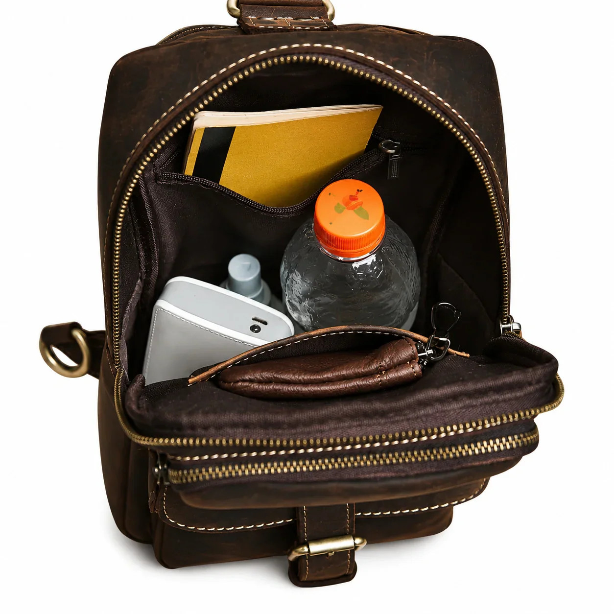 Personalized Brown Leather Shoulder Pack Mens Vintage Travel Chest Day Bag