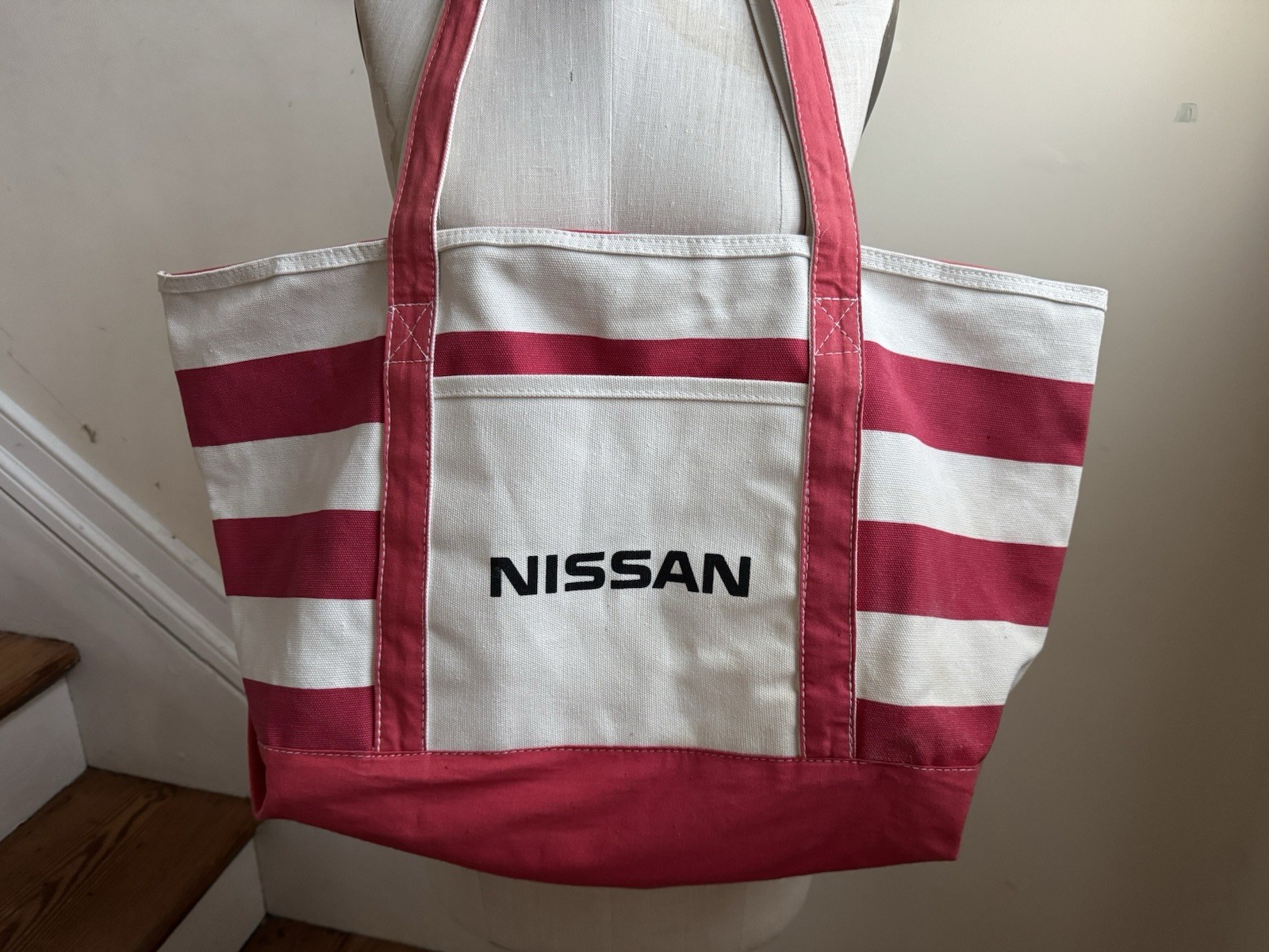 Nissan Summer Zip Tote Retro Beach Bag Red & White Striped Canvas 2013