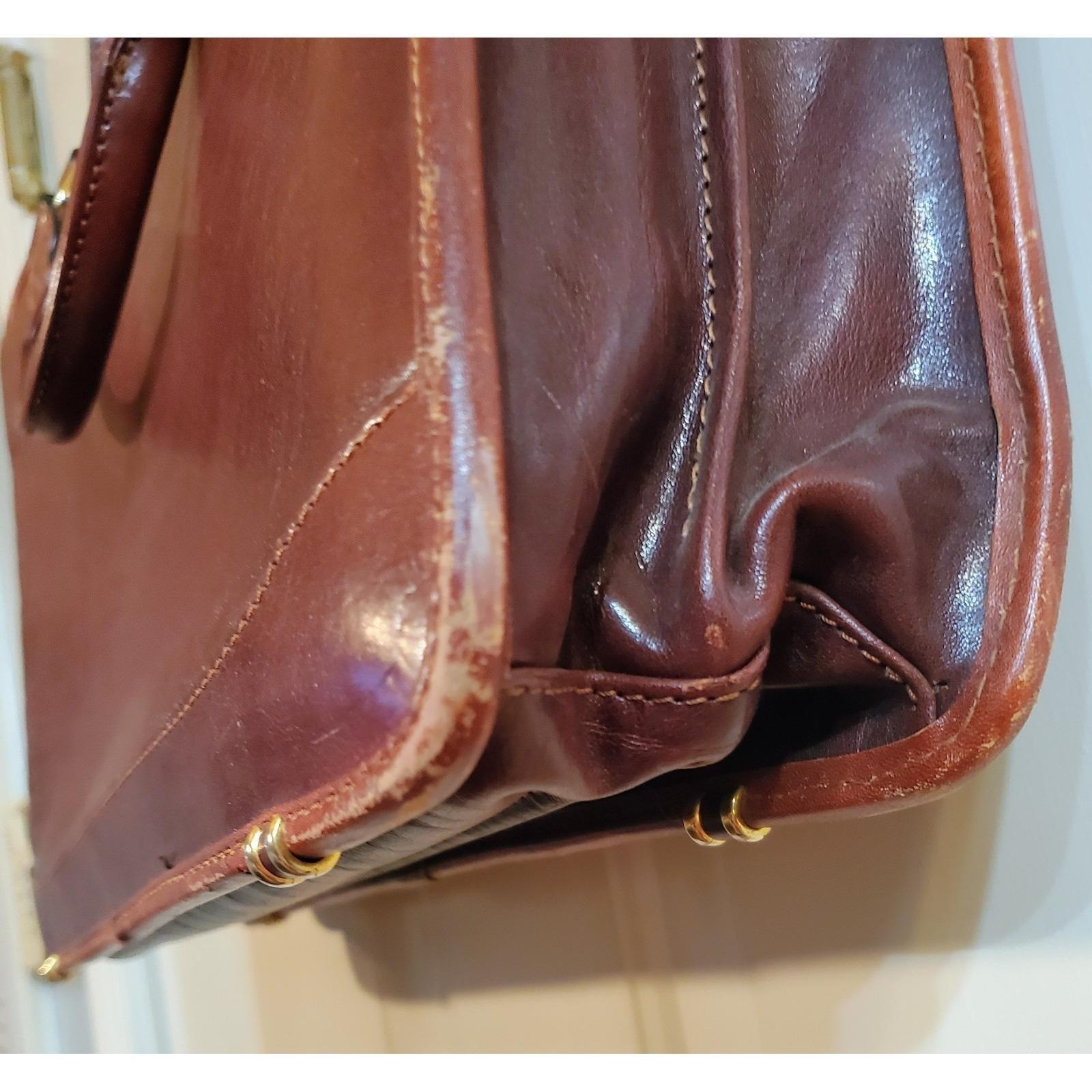 Cognac Brown Leather Briefcase Lap Top Case Dbl Handle Shoulder Strap Vantaggio
