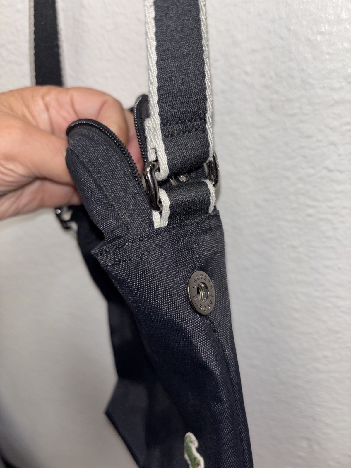 Lacoste Black Crossbody Bag Small Shoulder Bag Adjustable Strap Nylon Logo Snaps