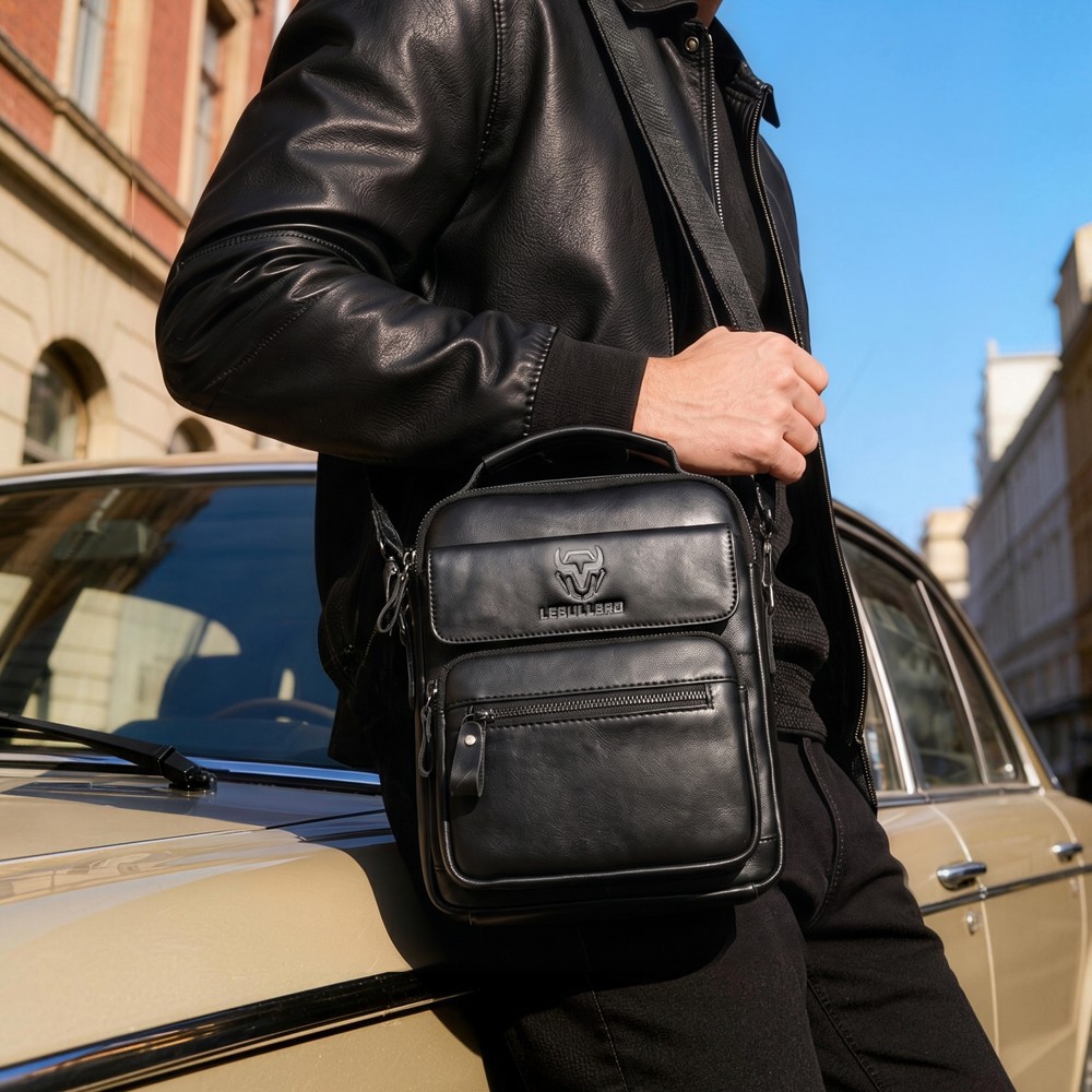 Genuine Leather Crossbody Bag Men for Daily Use Multi-pocket Zipper Pocket