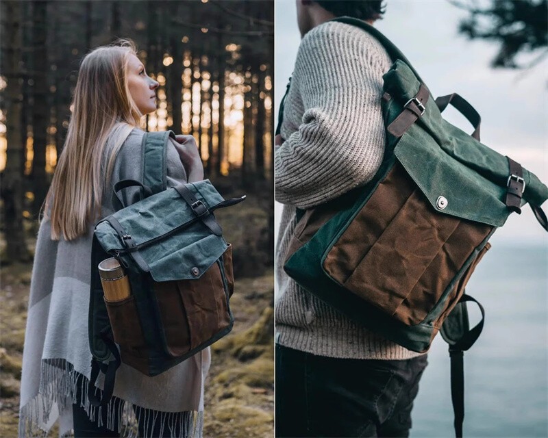 Men Retro Oil Wax Canvas Backpack Shoulder Bag Leisure Travel Knapsack