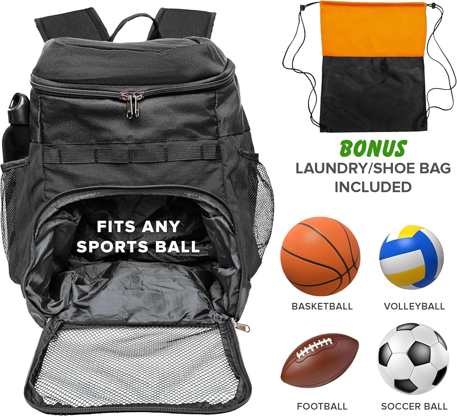 Basketball Backpack Ball Compartment 25L Sports Gym Bag Shoe Pocket Black
