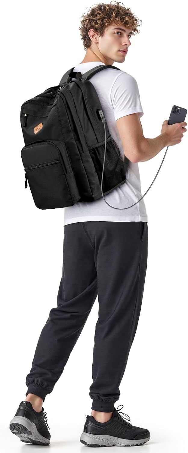 36L Black Backpack for College, and Travel: Water Resistant Bookbag 18.5 inch