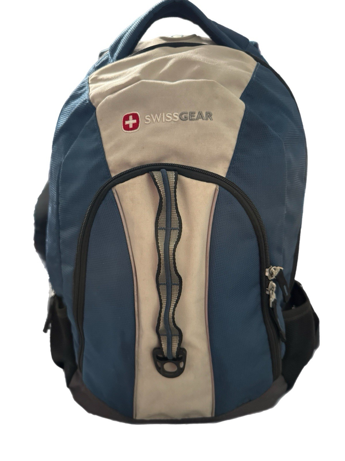 Backpack SWISS GEAR Blue and Gray Headphone pouch Multiple Zippers Hiking Bag.
