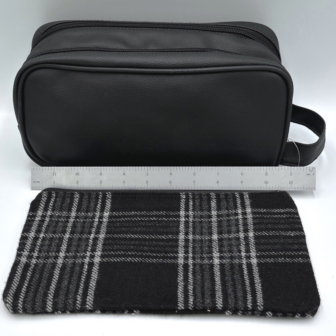 Jet Set Black Faux Leather Dopp Kit & Plaid Zipper Pouch Travel Toiletry Set NEW