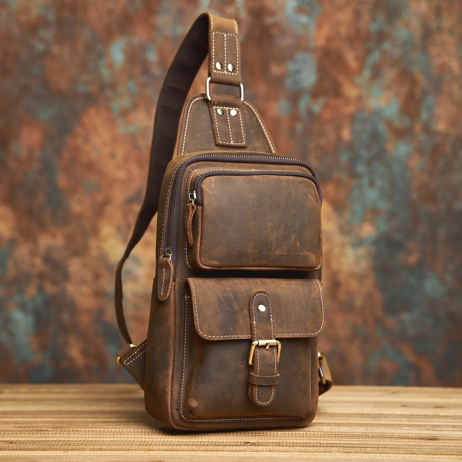 Genuine Leather Men Chest Bag Vintage Sling Bag Crossbody Shoulder Bag Casual