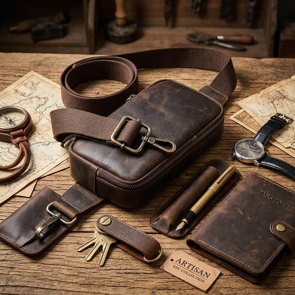Genuine Leather Sling Bag Men Crossbody Chest Shoulder Travel Backpack Brown