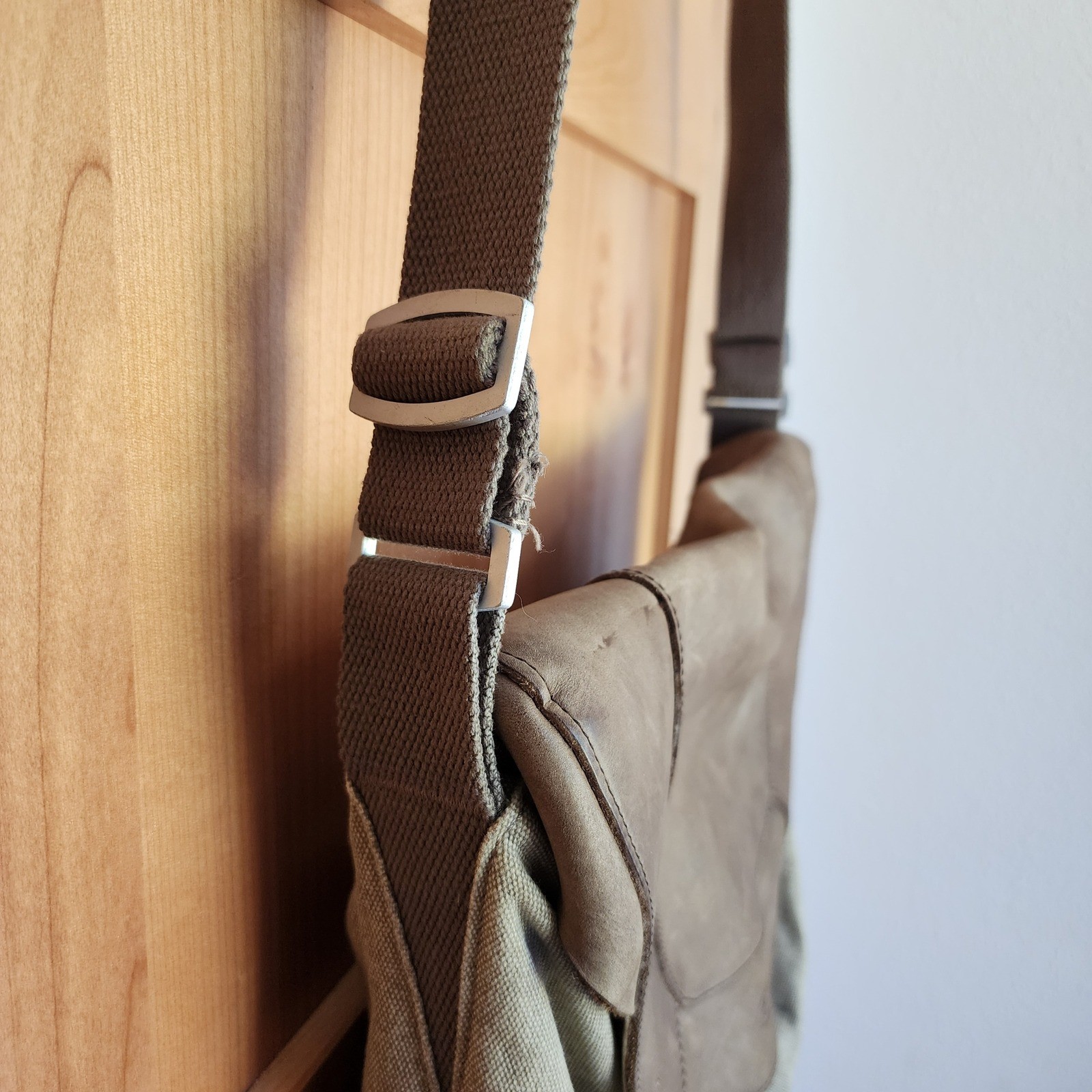 Keen Large Green Brown Leather Canvas Messenger Bag Laptop Book Bag Utility