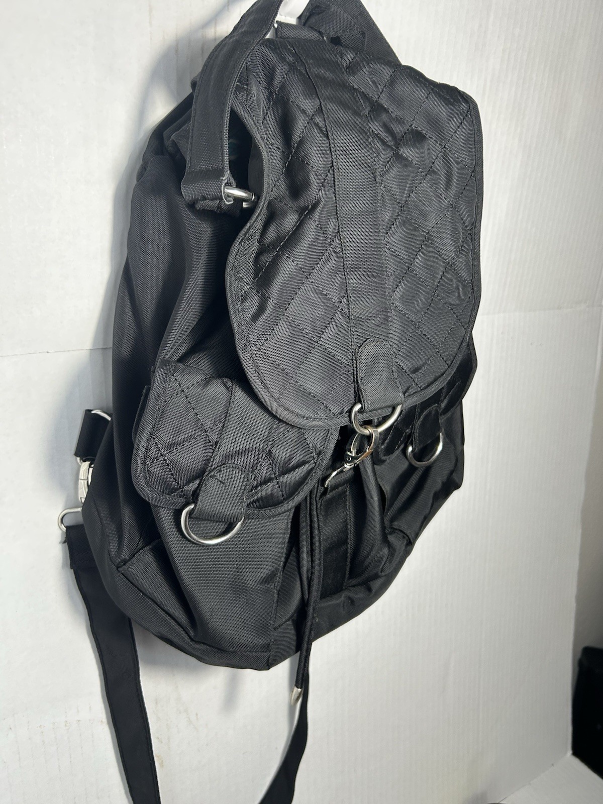 Black Men’s Backpack Drawstring Closure Quilted Flap Pockets Adjustable Strap