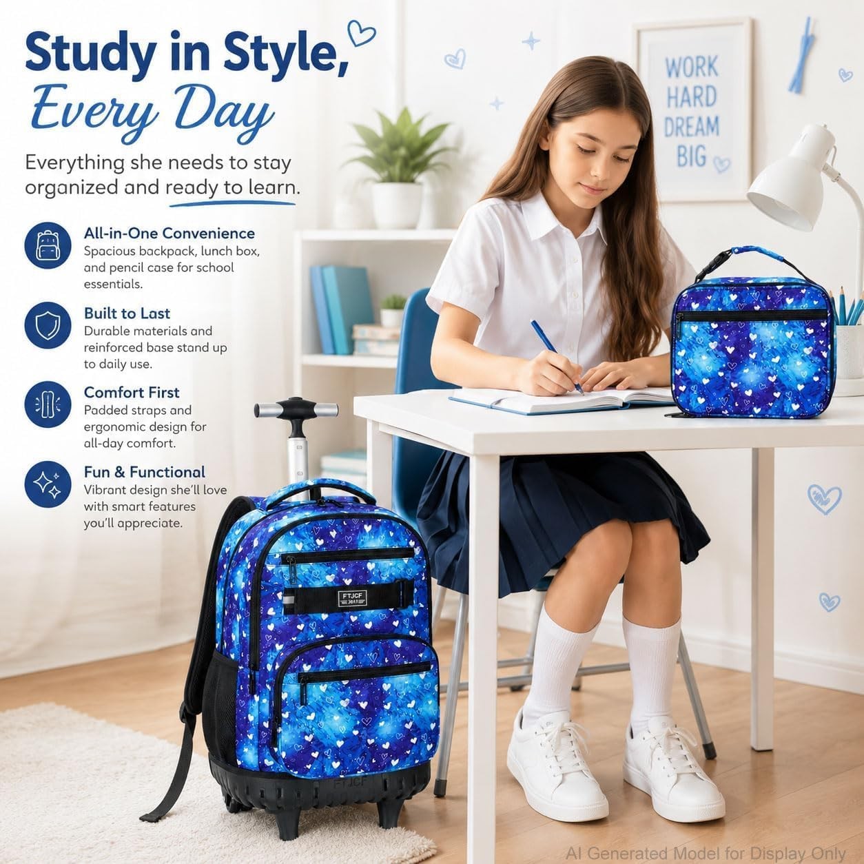 Rolling Backpack 19″ X 13″ X 8″ for Girls – 3-in-1 with Lunch Box & Pencil Bag