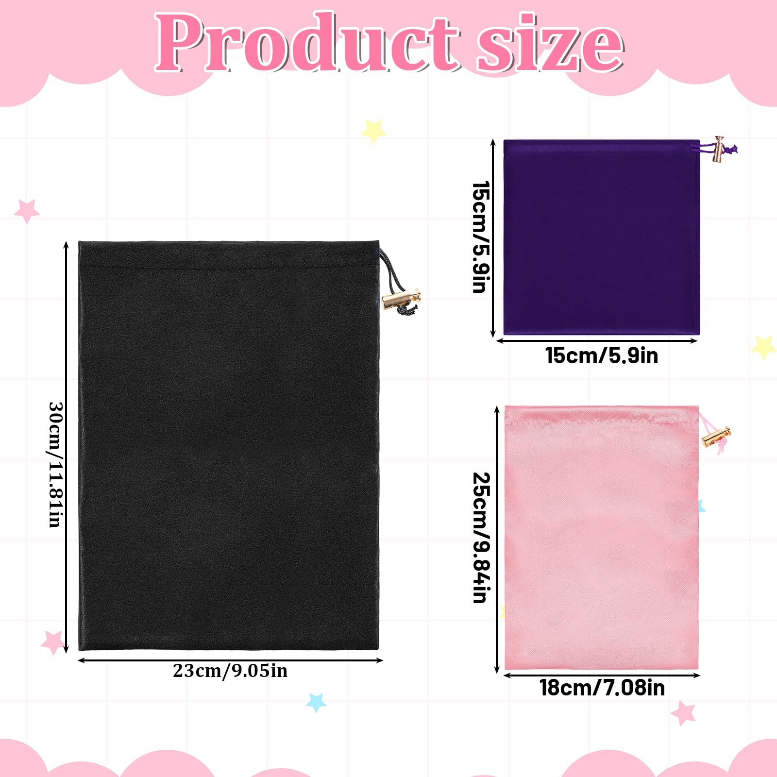 Toy Storage Bags, 6 Pcs Quality Satin Silk Drawstring Pouch Black Purple Pink