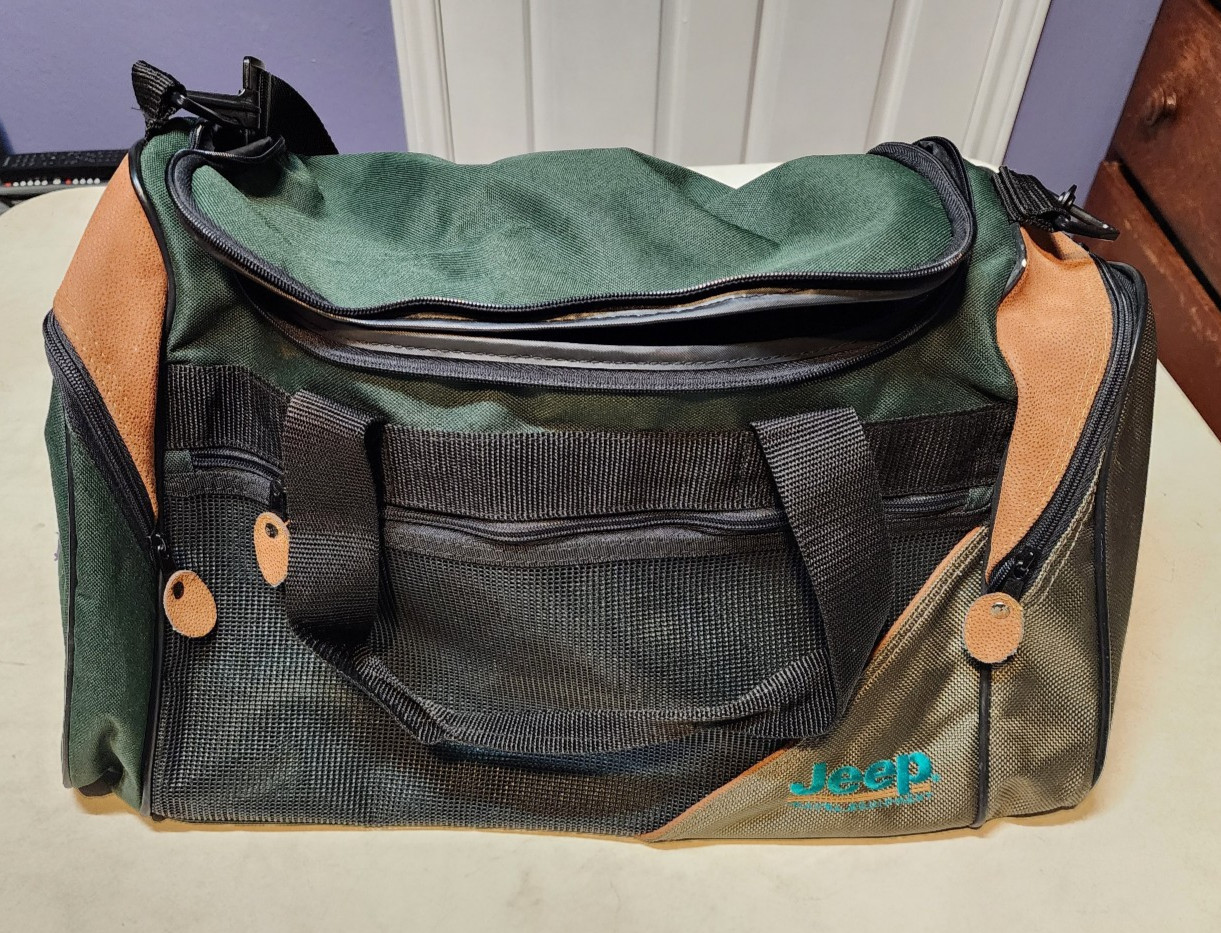 Jeep Duffle Bag Vintage 90s Patch Logo Travel Equipment Green And Tan