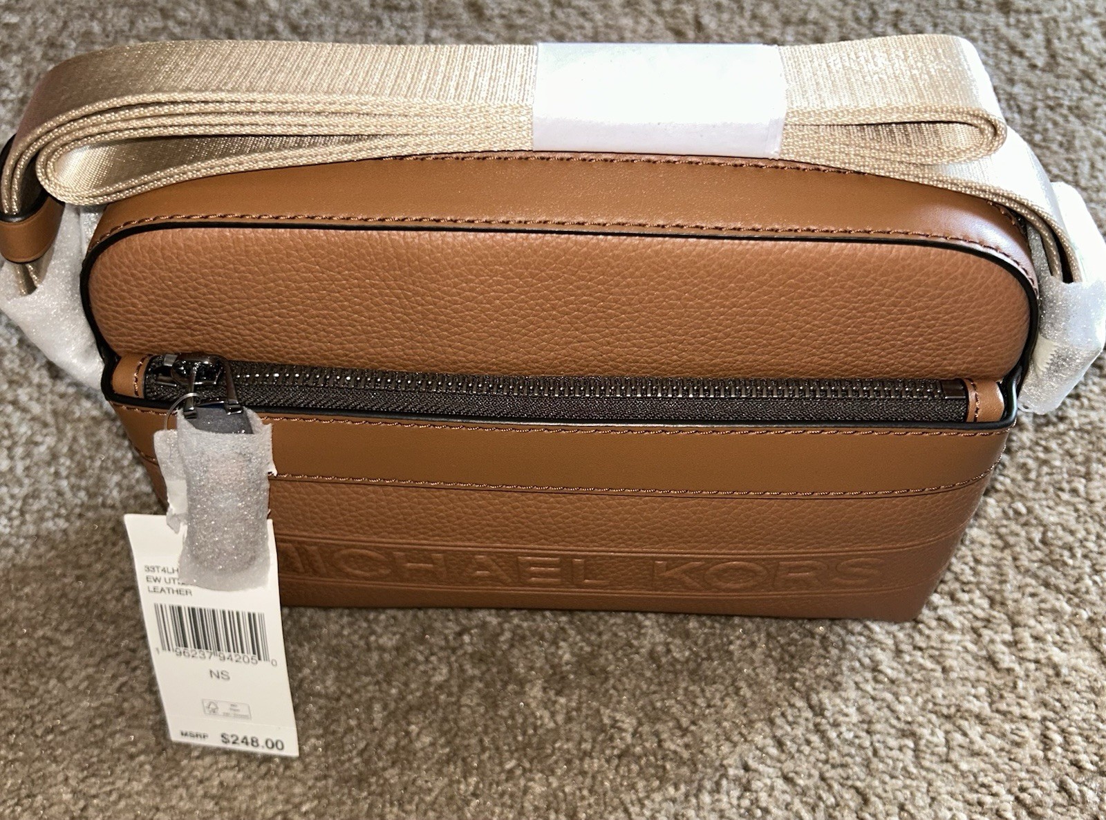 Michael Kors Hudson Crossbody Bag Brown Pebble Leather Embossed Logo
