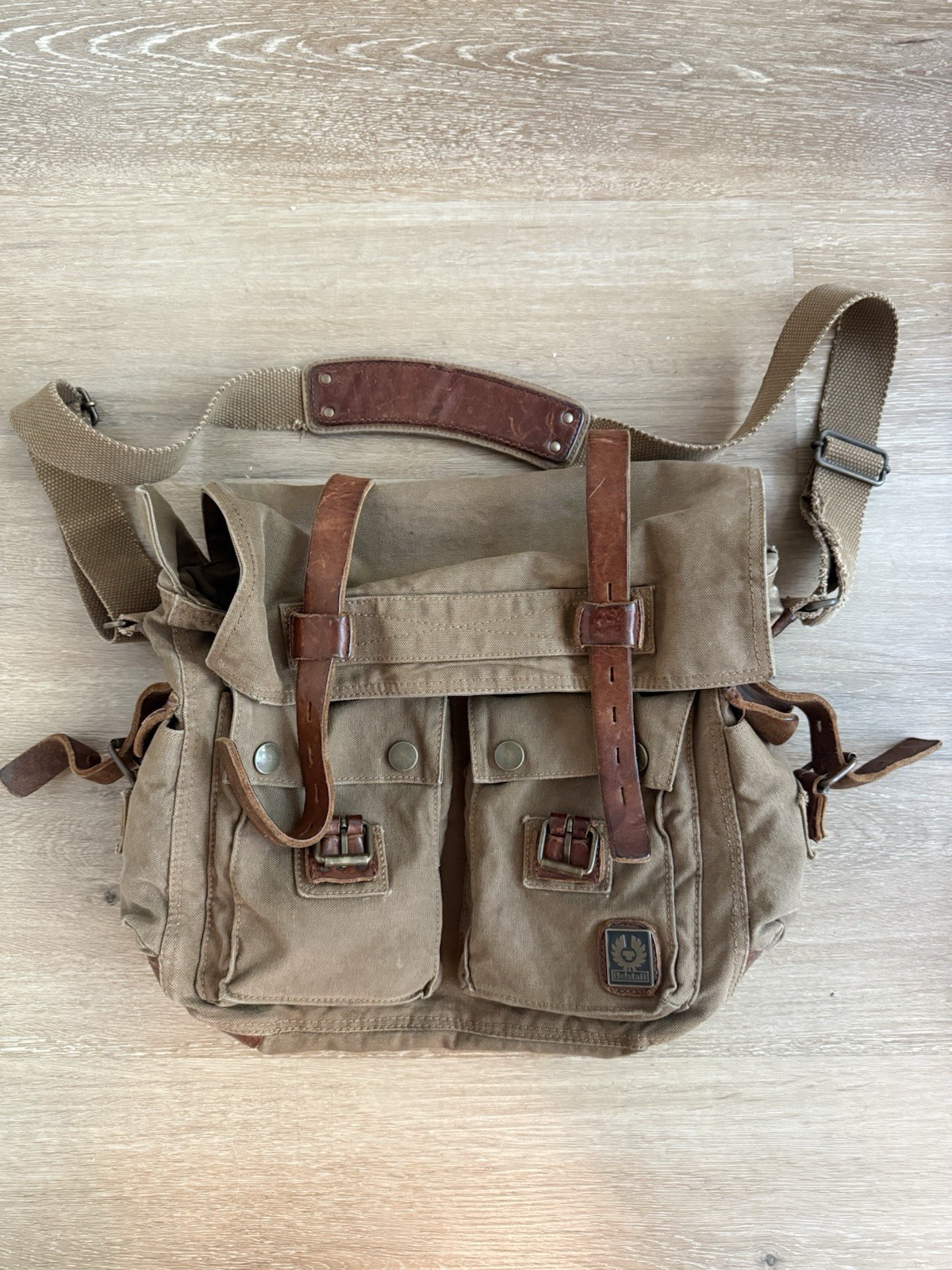 Belstaff Men’s Messenger Bag Beige/Brown Shoulder Strap Buckle Snap Pockets