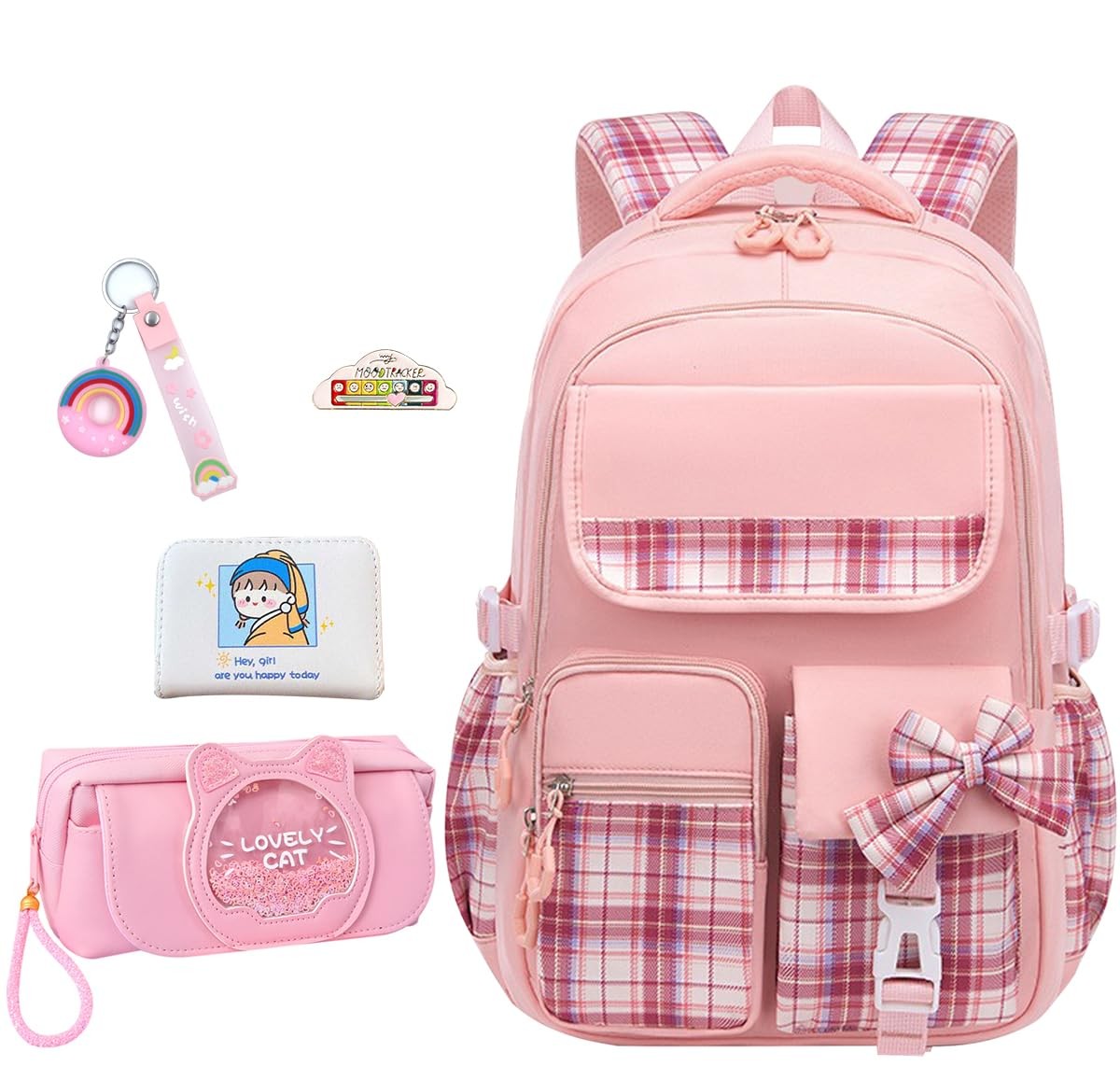 5Pcs Pink School Backpack Set for Girls – Cute Plaid Bookbag Daypacks Travel