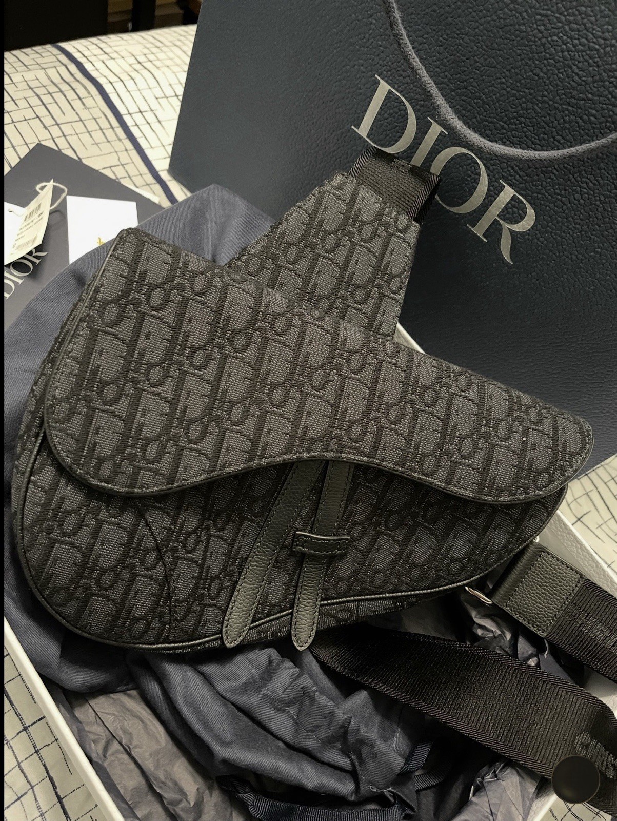 Dior Oblique Monogram Saddle Crossbody Bag Black Medium Adjustable Strap