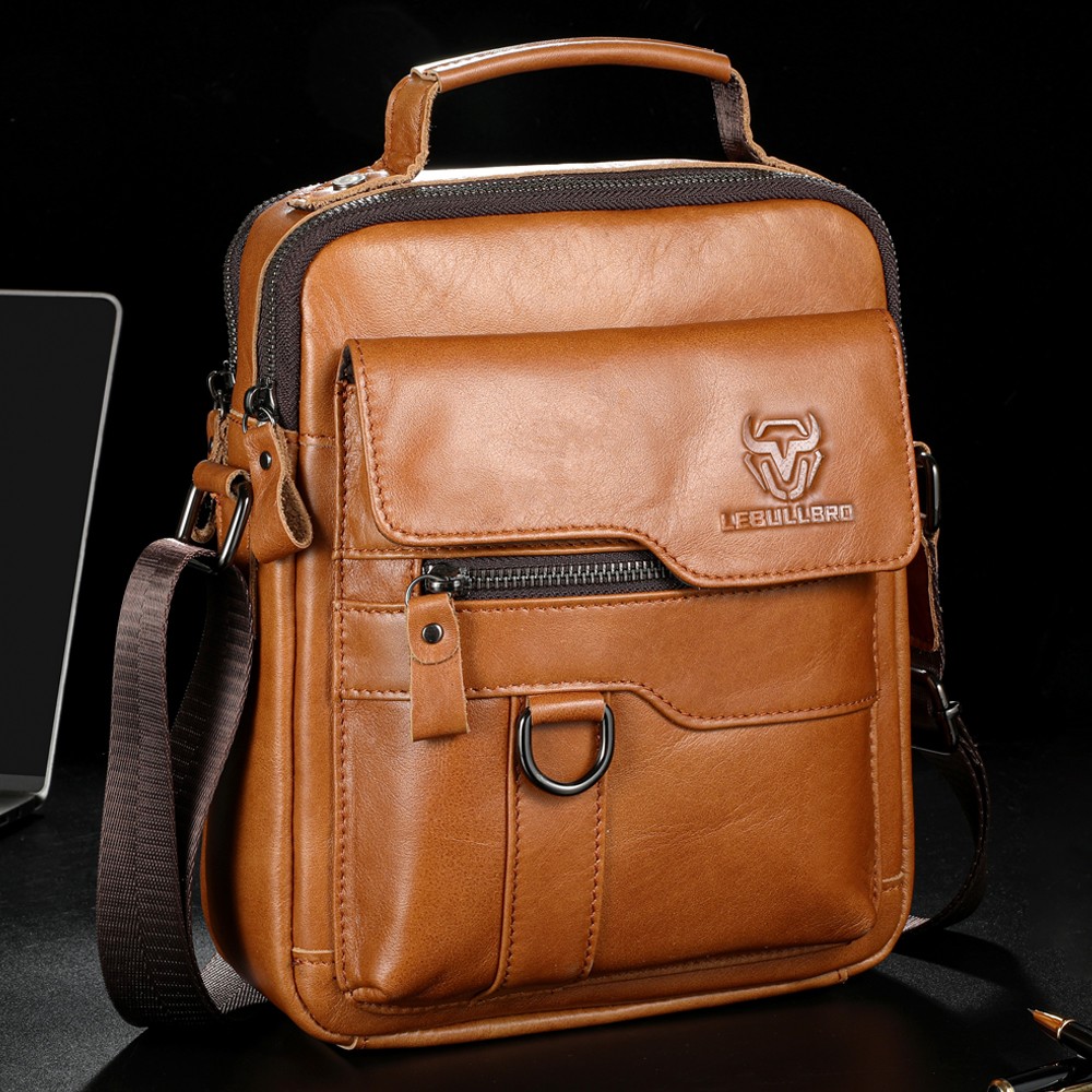 Genuine Leather Men’s Crossbody Bag Multi Pocket Shoulder Messenger Bag for Work