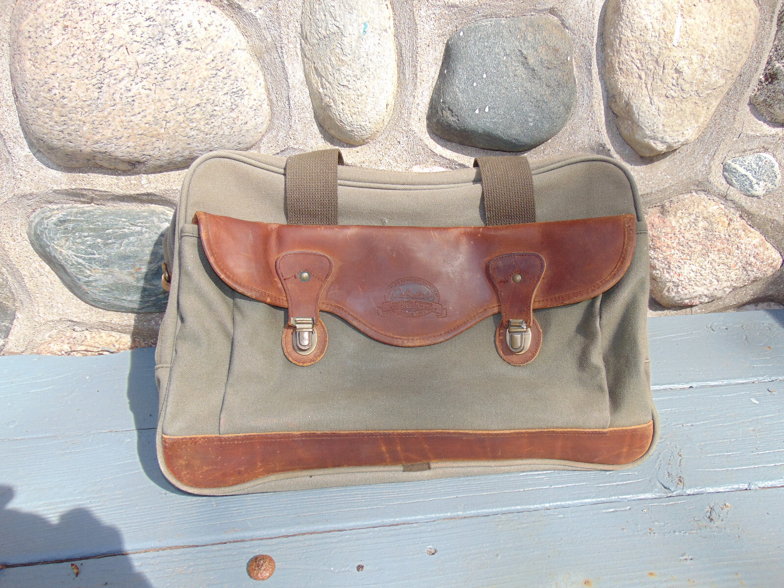 Vintage CABELA’S Olive Green Canvas & Leather Satchel Travel Bag Carry-on Pack