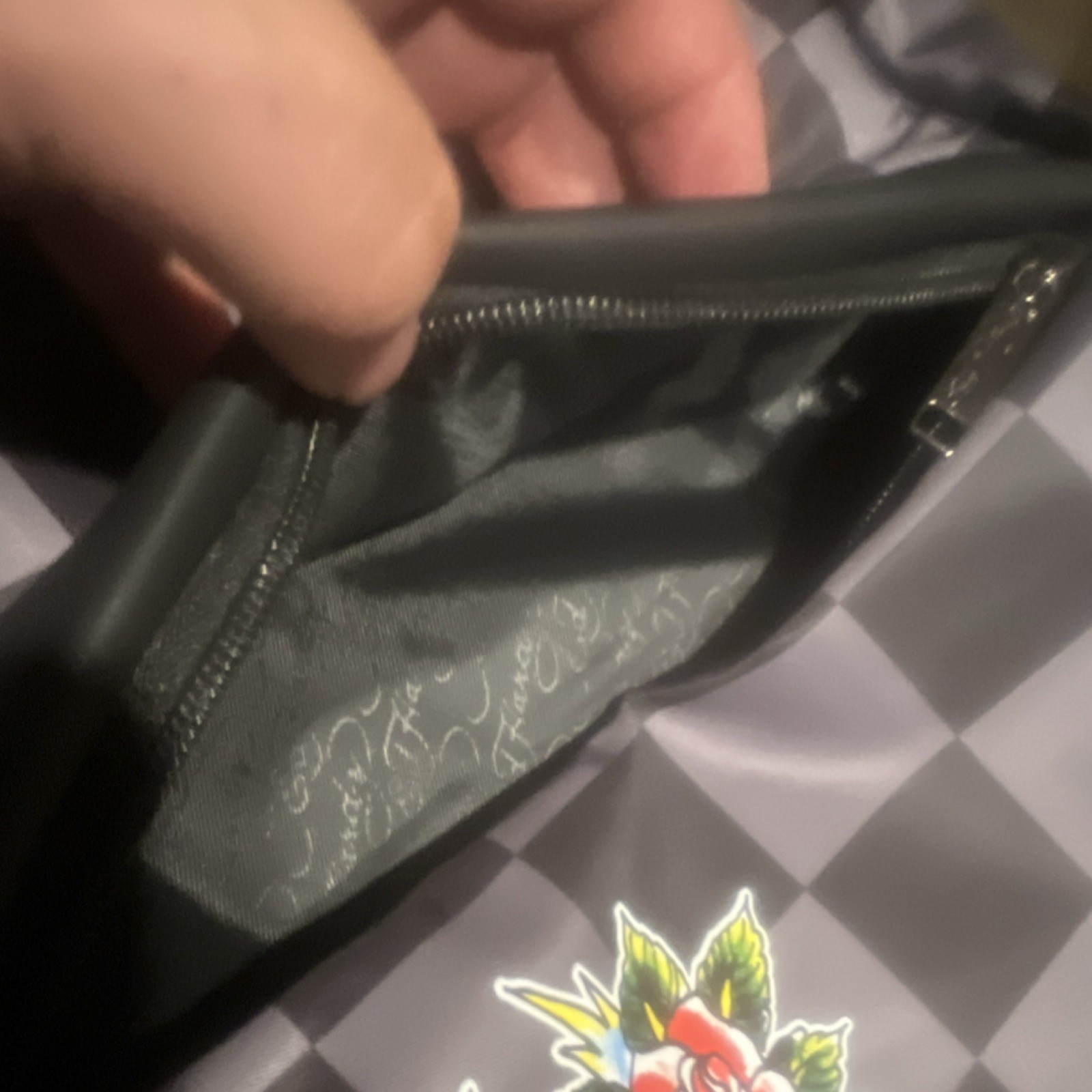 Ed Hardy Gray/Black Checkered Skull & Tiger Graphic Zip Backpack Padded Pockets