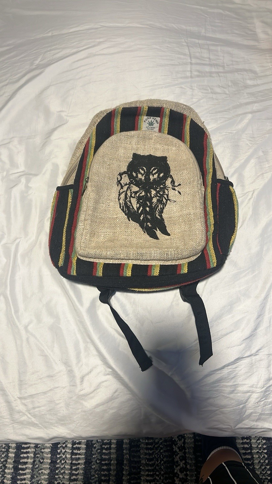 Hemp Backpack Wolf design, Beige, Black, Red, Green, And Yellow Trim