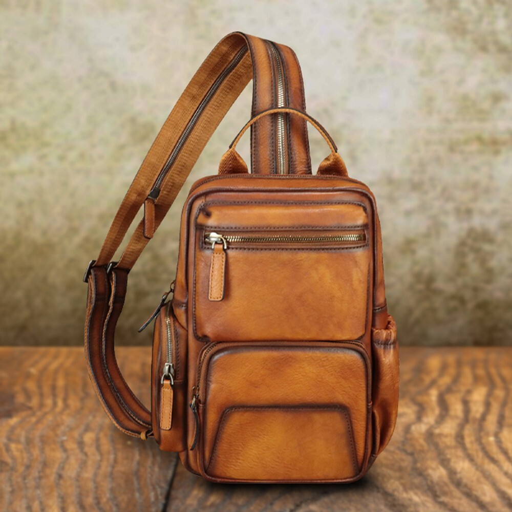Genuine Leather Large Sling Bag for Men Women Crossbody Bag Sling Backpack Purse