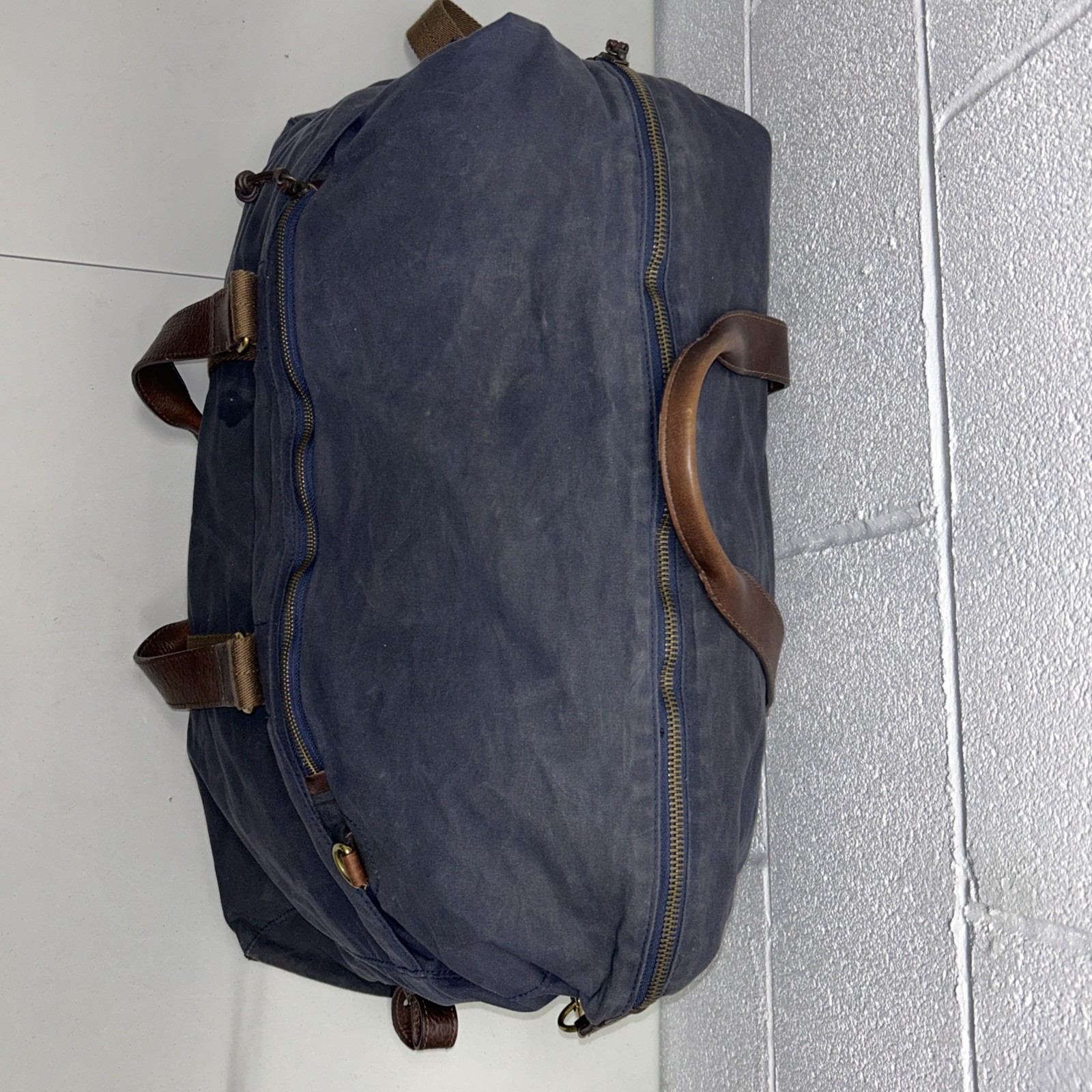 J. Crew Dry Goods Waxed Abingdon Weekender Duffle Bag Blue & Leather SB