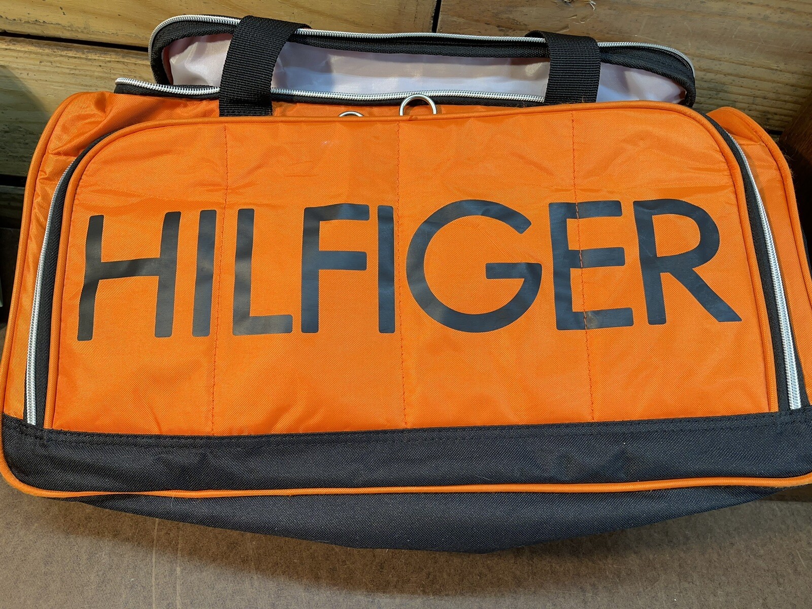 Rare Tommy Hilfiger Spellout Black and Orange Duffel Gym Bag 21 inches Long
