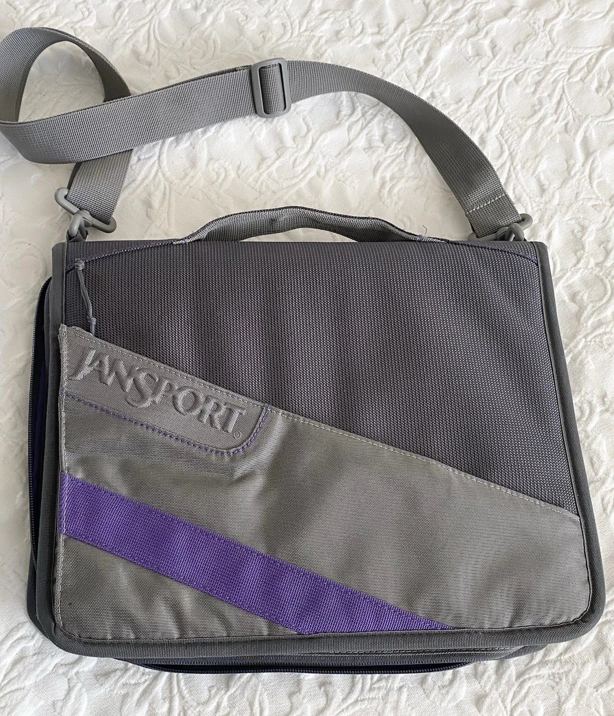 Vintage JanSport Laptop Organizer Bag Gray Purple Briefcase Messenger Bag 90s Y2