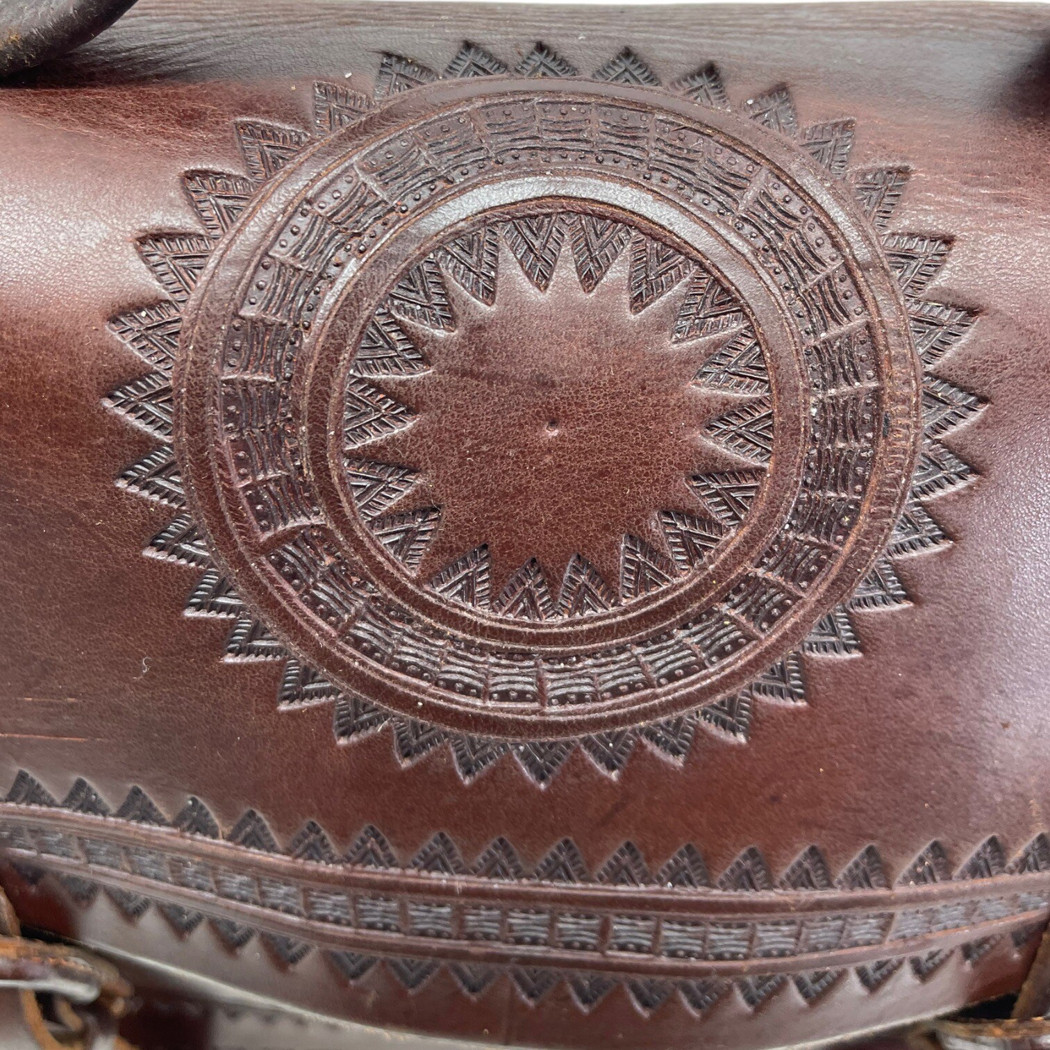 Vintage 70s Large Handmade Tooled Leather Messenger Bag Crossbody Laptop Travel