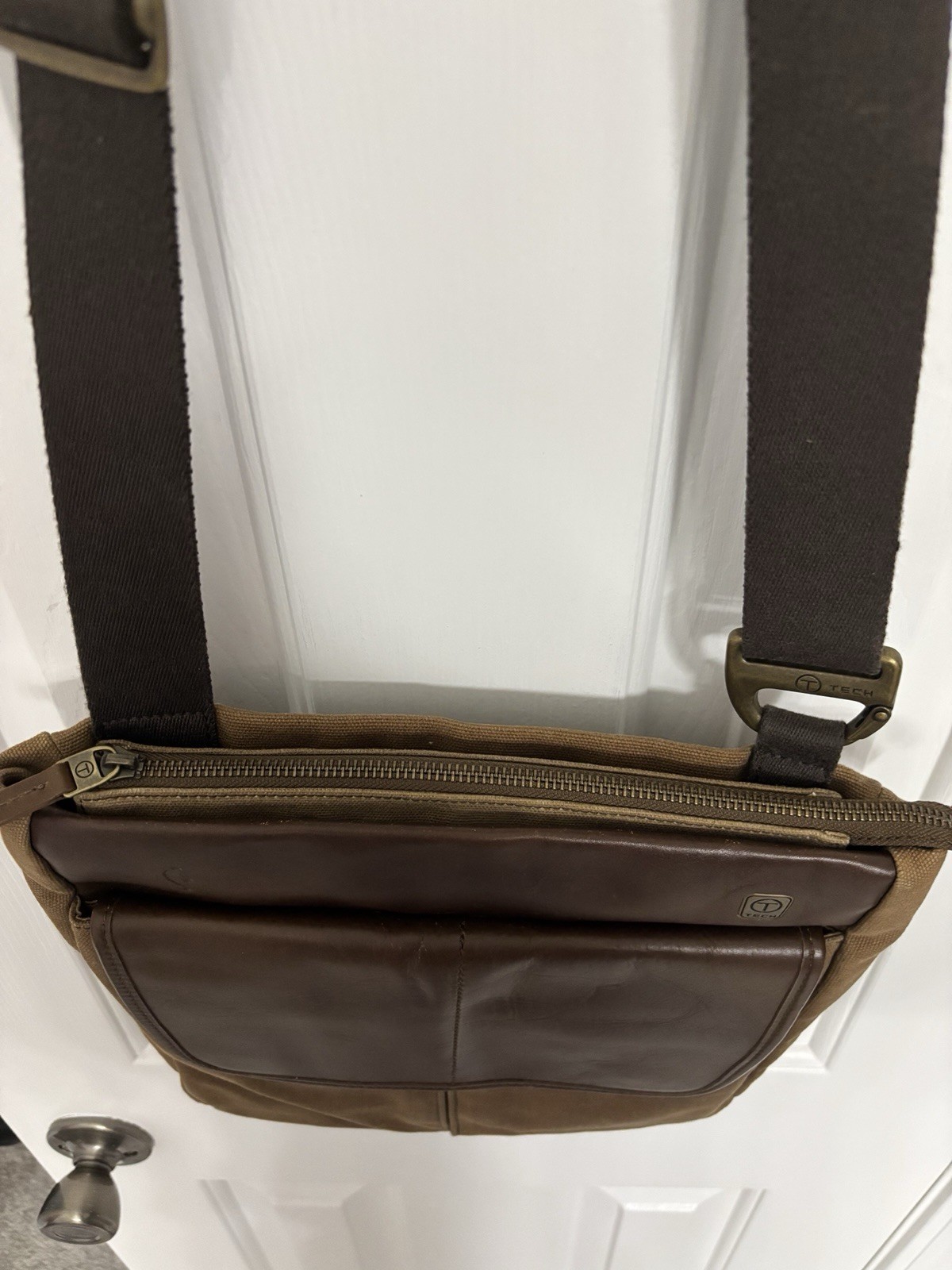 T Tech By Tumi Brown Canvas Leather Adjustable Mens Flap Crossbody Messenger Bag