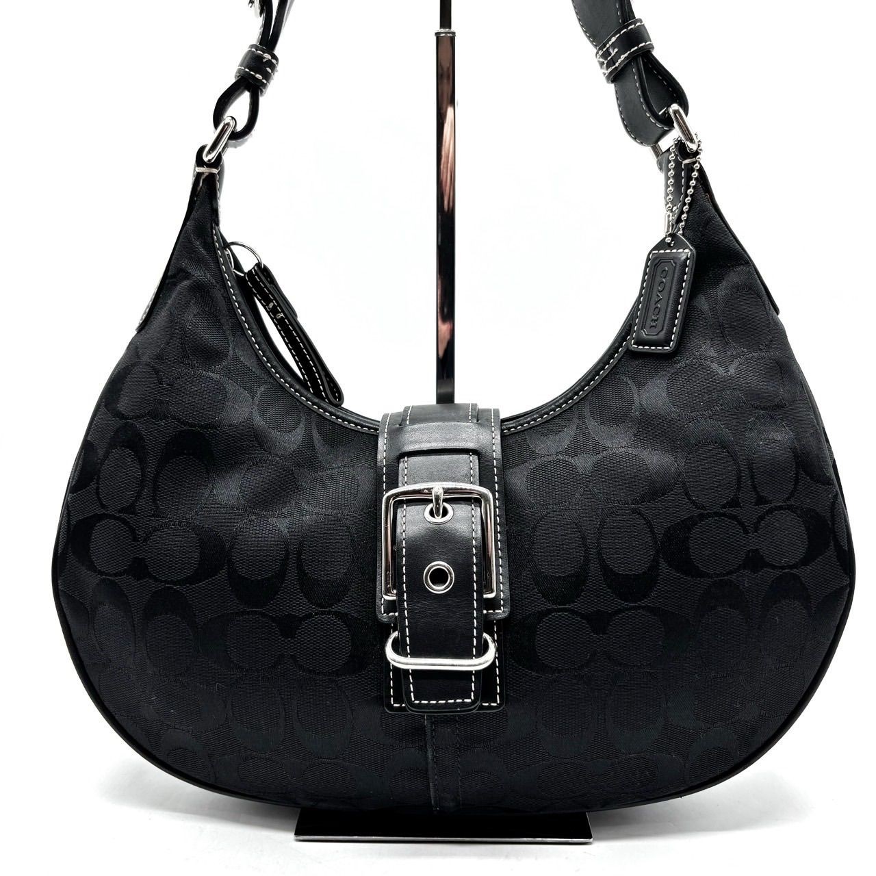 COACH Black Canvas Leather Handbag 32cm Top Handle Bag Simple Design Authentic