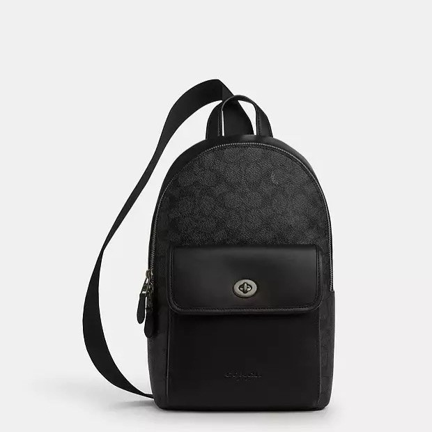 NWT Coach Turnlock Sling Pack In Signature Canvas CAJ92 Gunmetal/Charcoal/Black