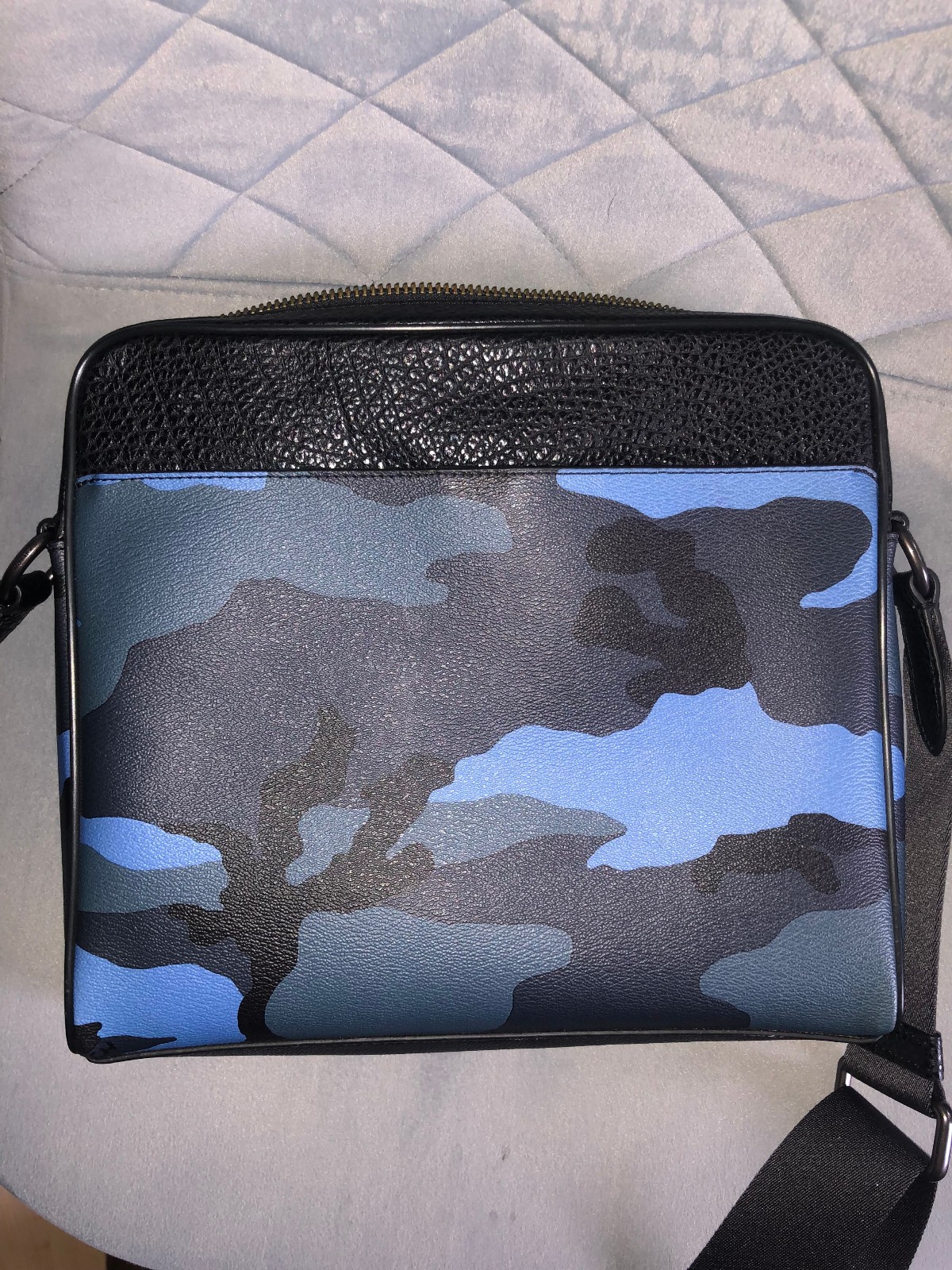 Coach Charles Camo Dusk Blue Pebble Leather Camera Crossbody Bag F29052