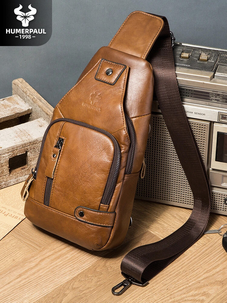 Leather Chest Bag Genuine Shoulder Crossbody Men’s Men Sling Casual Bags Retro
